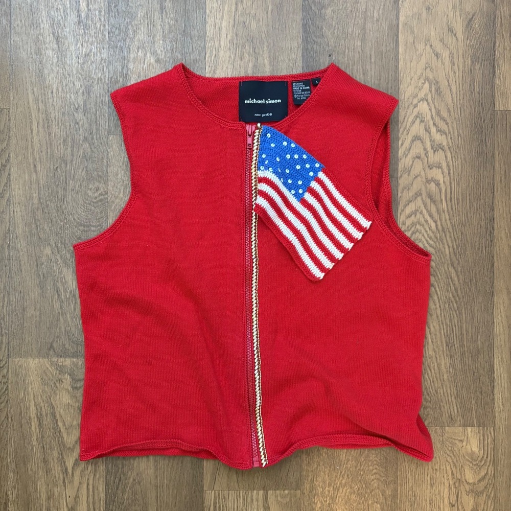 Vtg 1990's Michael Simon Rare American Flag Knit Zip Up Sweater Vest